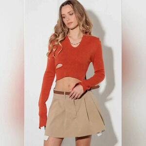 Cut Out Collared Crop Soft Long Sleeve Sweater Top #415-416